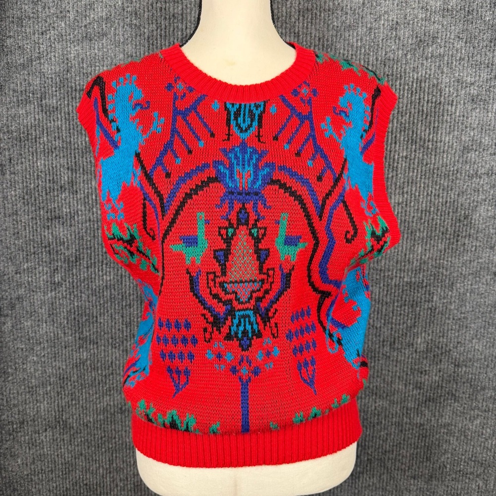 Vintage 80s 90s Red Graphic Knit Sweater Vest Geometric Folk Novelty Maximalism